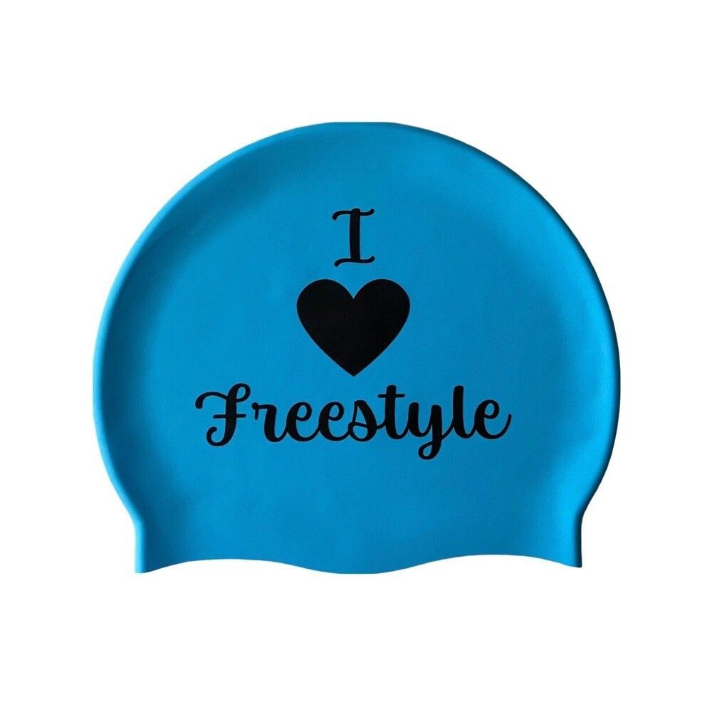 Light Blue Practice Race Silicone Swimming Cap Adult Size I Love Freestyle tvg